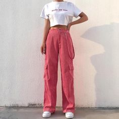 white shirt with pink corduroy pants outfit